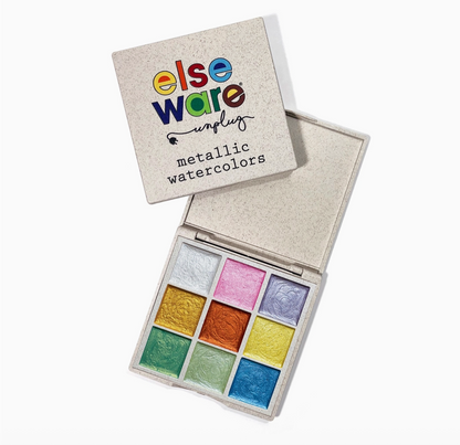 Palette of metallic watercolors with 'else ware unplug' branding