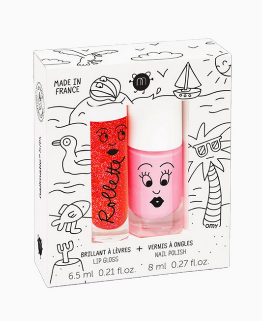 Rolletta lip gloss and nail polish set in a decorative box