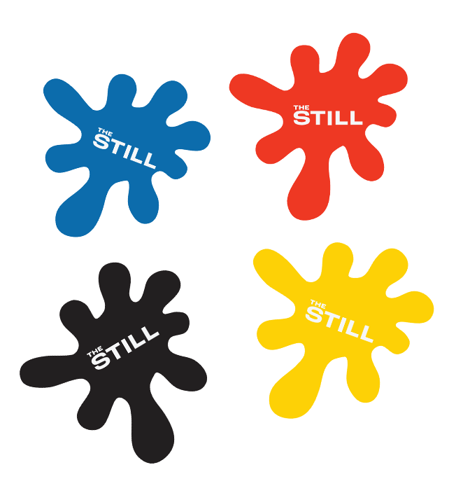 Four colorful splatter design erasers with 'The Still' text 