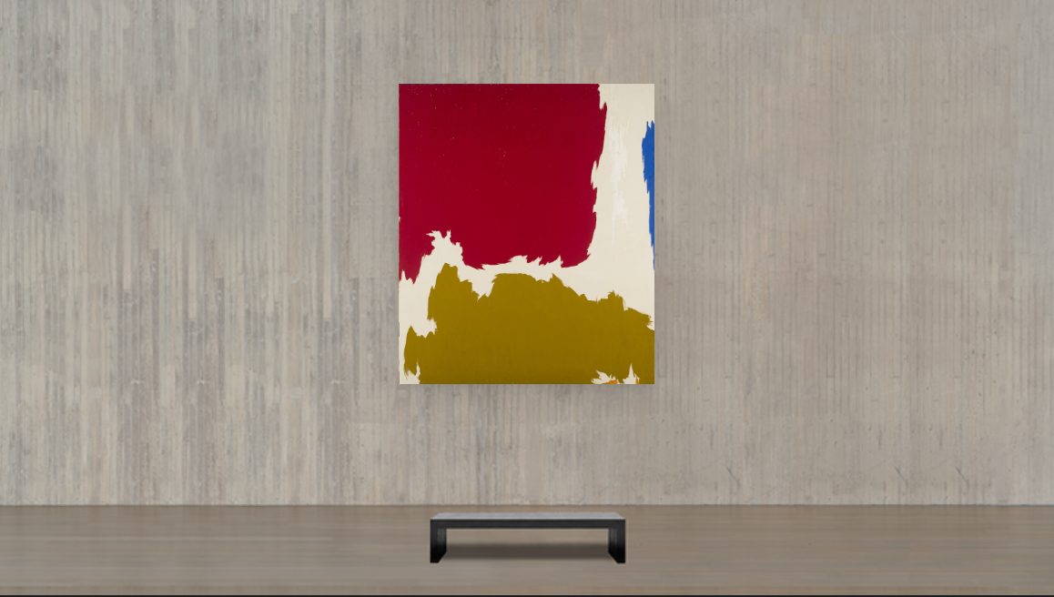 Poster PH-1191, 1960. Abstract art print with red, beige, and blue colors with A white border. Show in the Museum galleries.