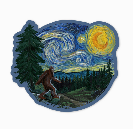 Sticker design of bigfoot walking through a forest with a Starry Night sky