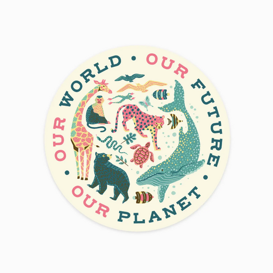 Circular sticker with animals and text 'Our World, Our Future, Our Planet'