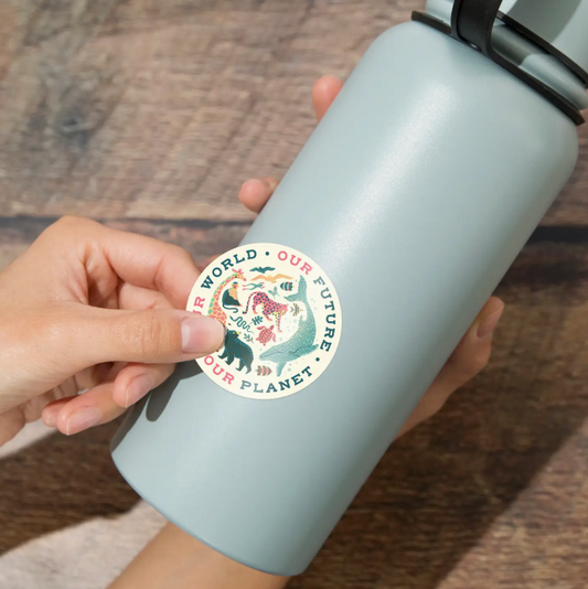 Circular sticker with animals and text 'Our World, Our Future, Our Planet'