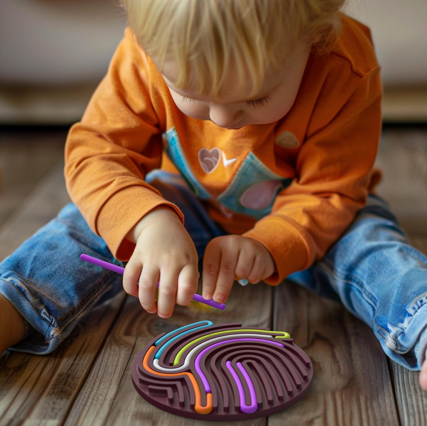 Child playing with a colorful maze toy on a wooden floor.