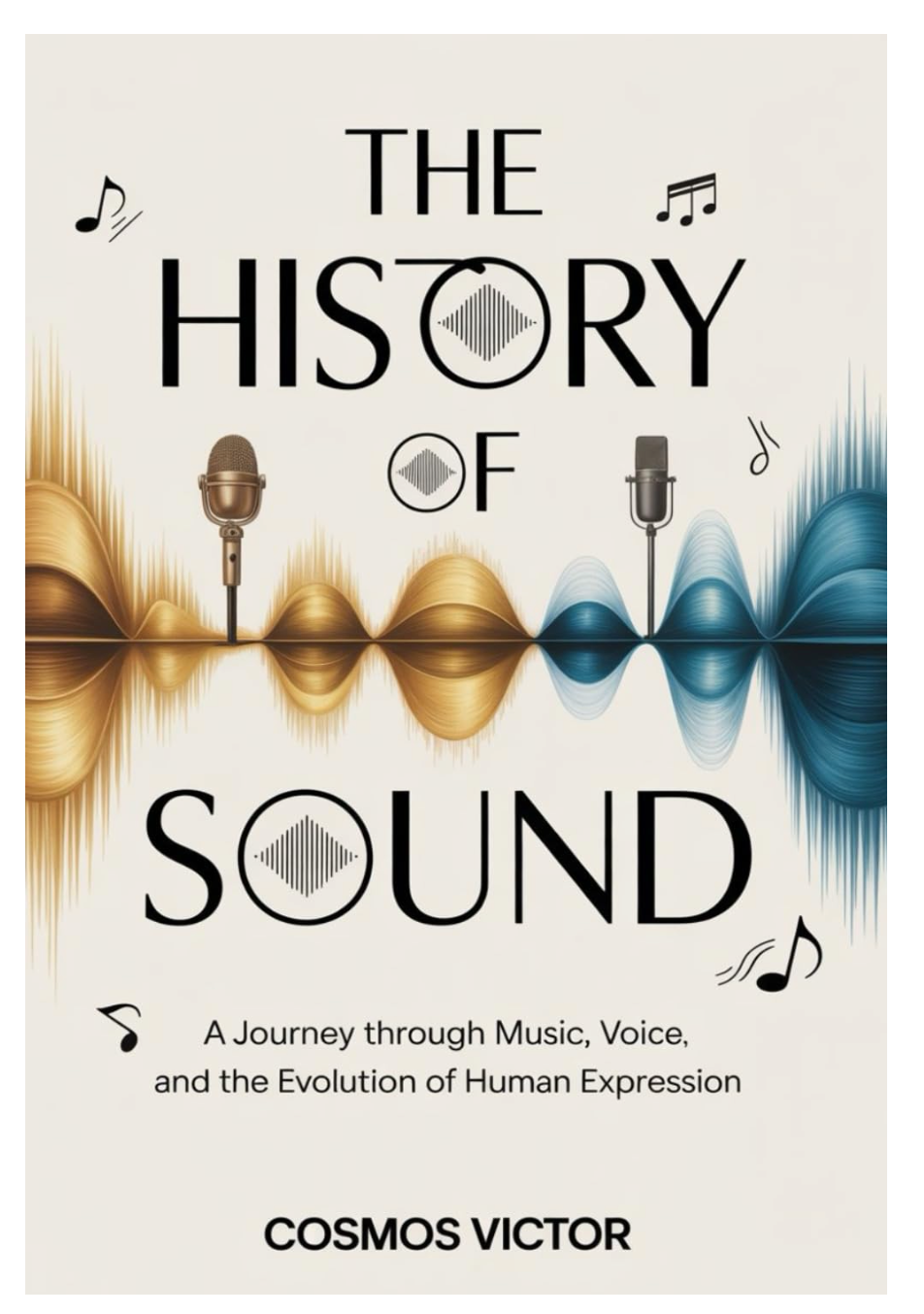 Book cover of 'The History of Sound' by Cosmos Victor with sound wave design and microphones.
