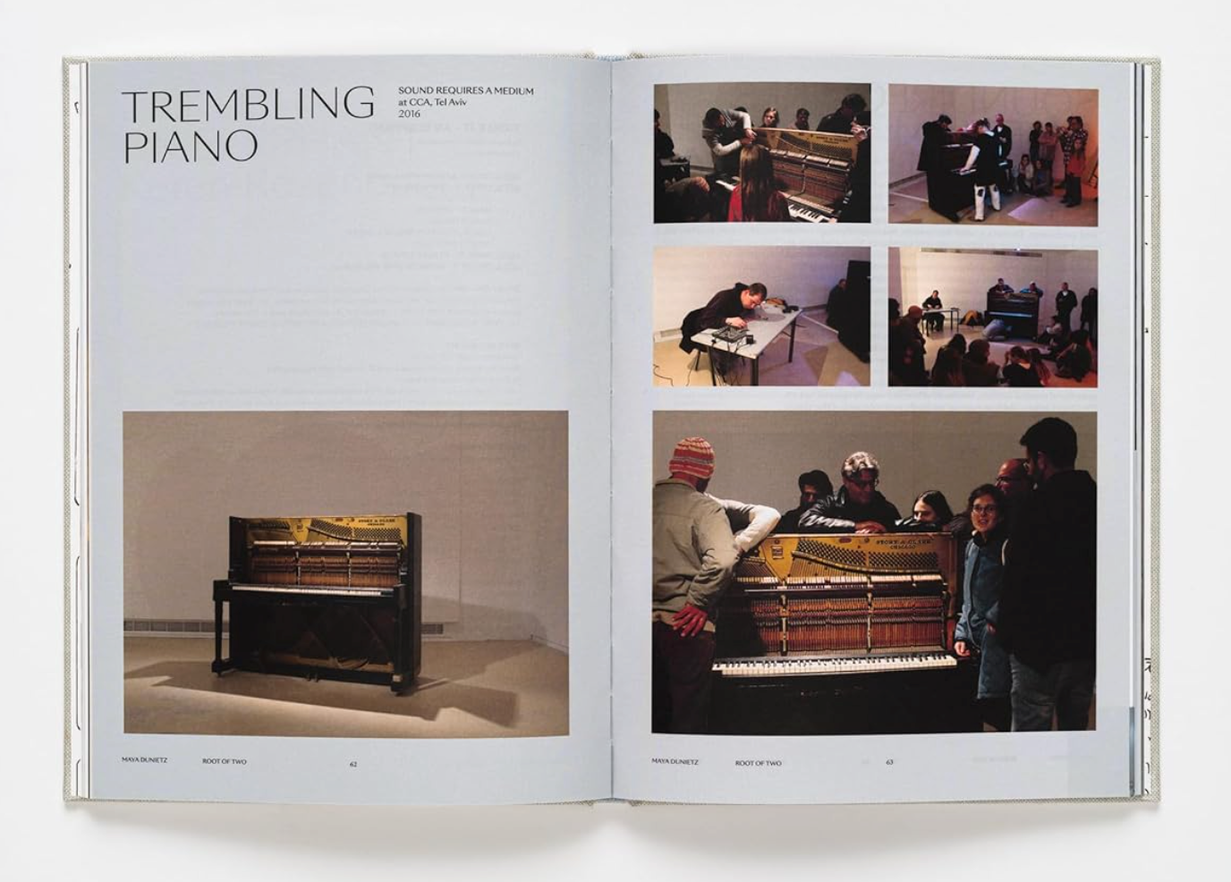 Open book showing images of a piano and people around it with 'Trembling Piano' title.