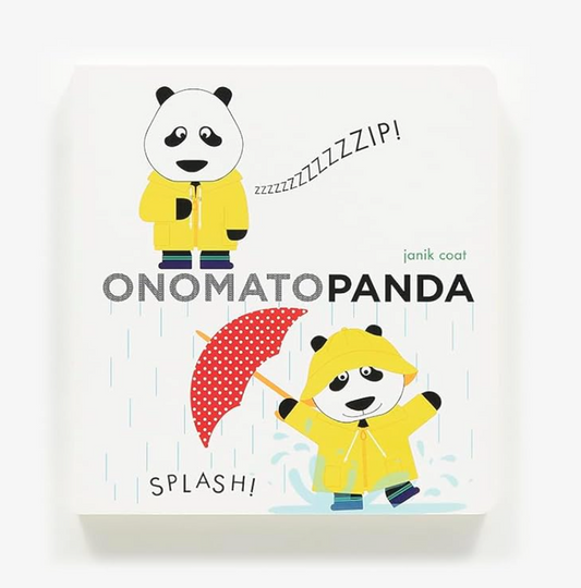 Book cover of 'Onomatopanda' with panda characters in raincoats and an umbrella on a white background.