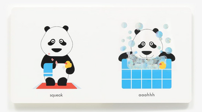 Two illustrations of a panda on a white background with text 'squeak' and 'aaahhh'.