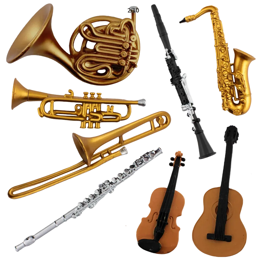 Collection of toy musical instruments including brass, woodwind, and stringed instruments on a white background.