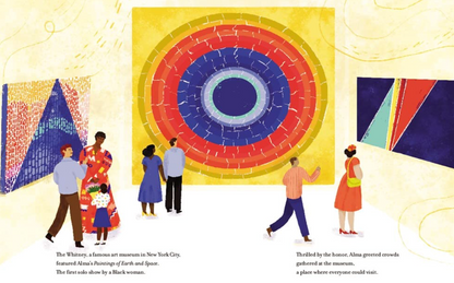 Illustration of people in a museum looking at a large abstract painting.