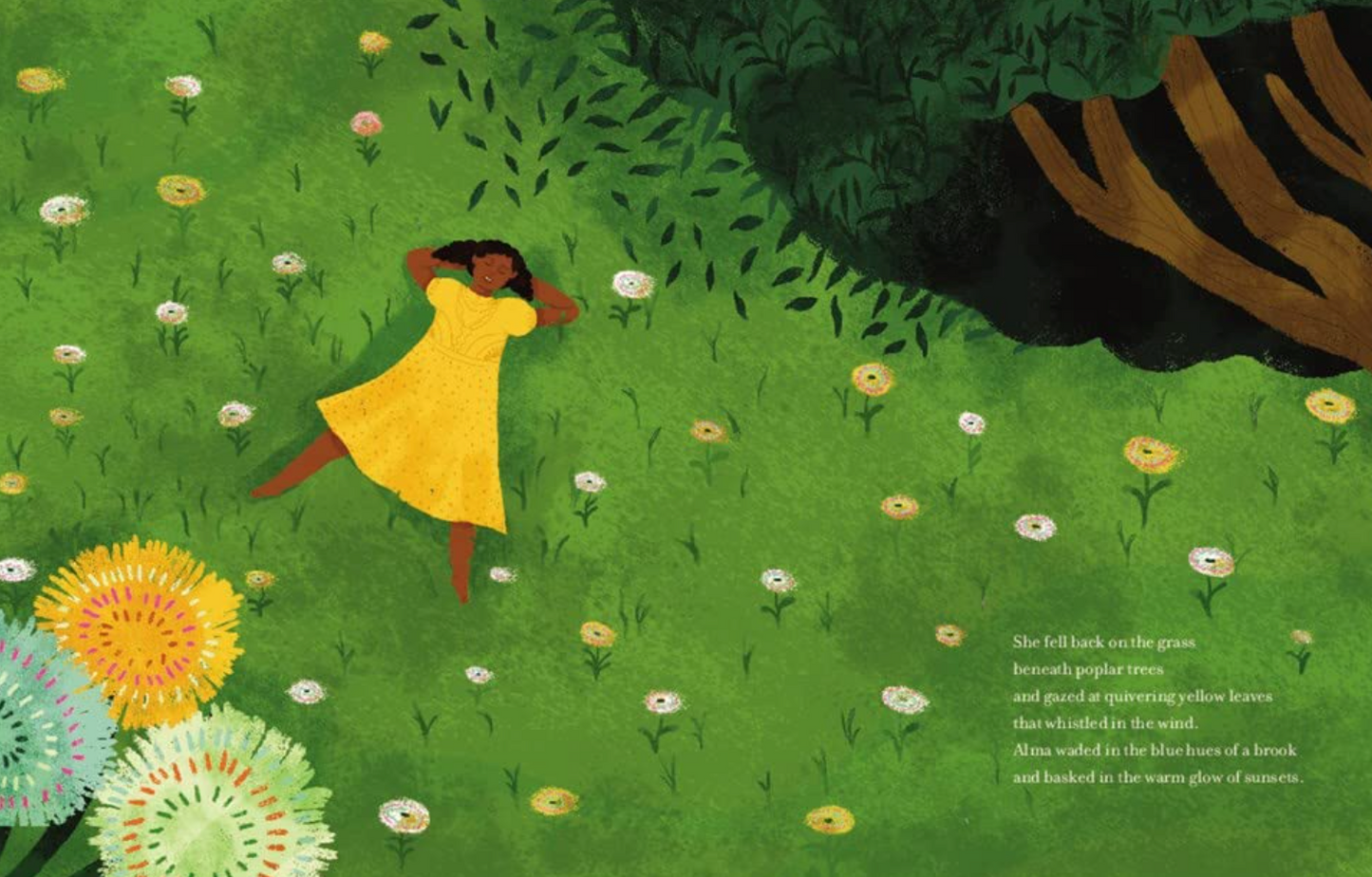 Illustration of a girl in a yellow dress lying on grass with flowers.