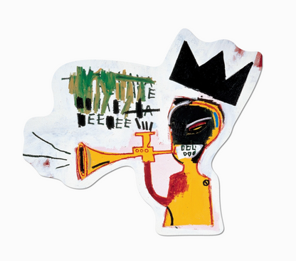 Sticker of a stylized figure playing a trumpet with abstract elements on a white background