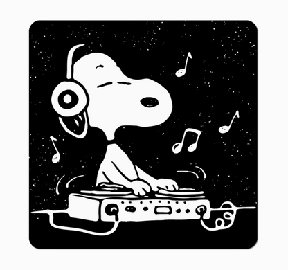 Snoopy as a DJ with headphones and turntables on a black background