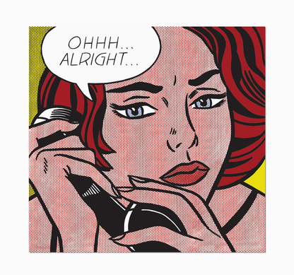 Comic-style illustration of a woman with red hair and a speech bubble saying 'OHHH... ALRIGHT...'