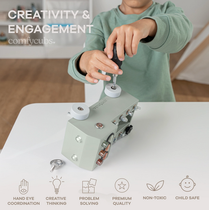 Child playing with a mechanical toy on a table, with text about creativity and engagement.