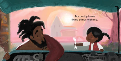 Illustration of two people in a car featuring text about father-daughter bonding.