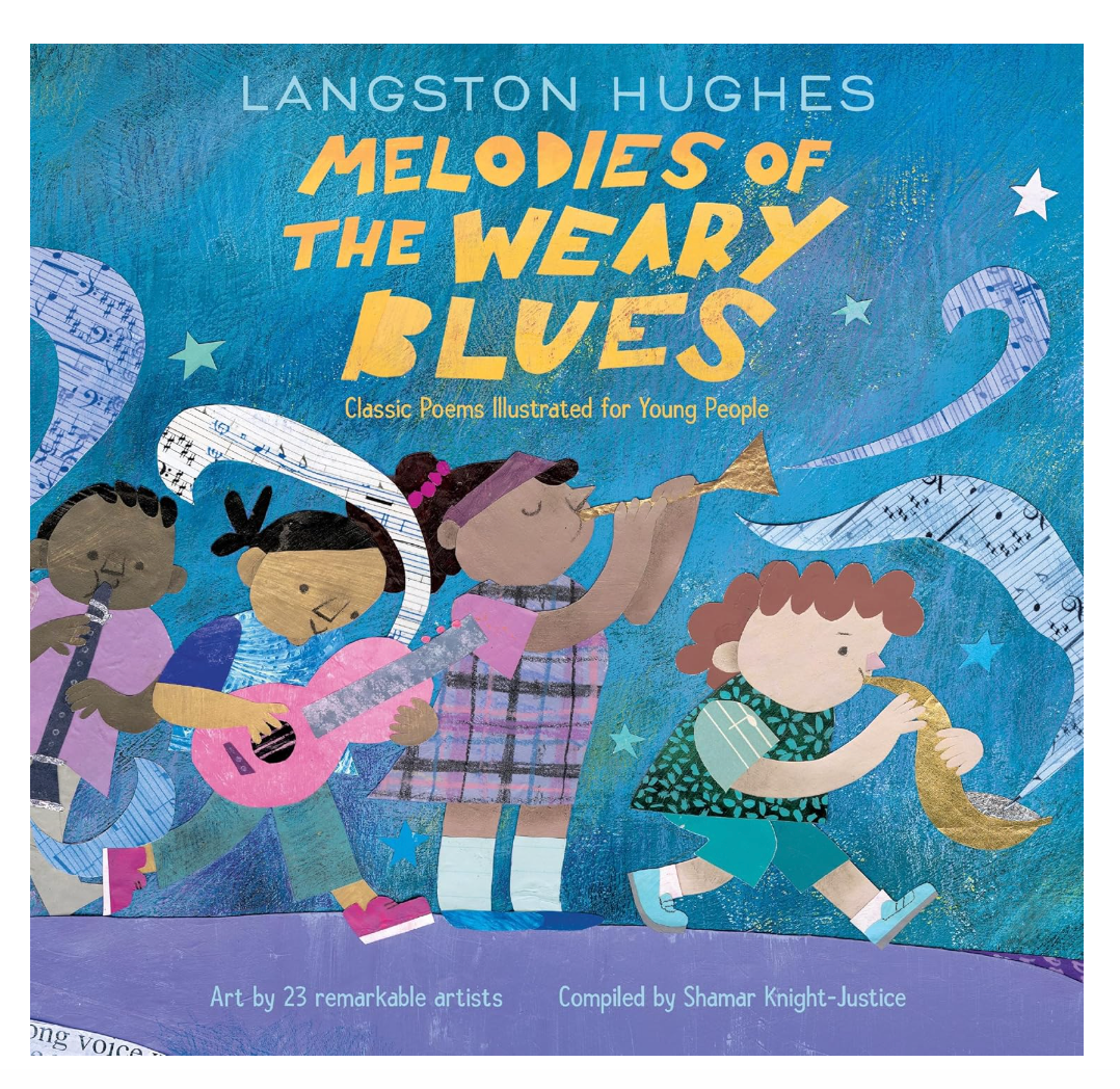 Book cover of 'Melodies of the Weary Blues' with children playing instruments on a blue background.