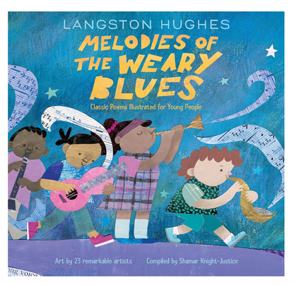 Book cover of 'Melodies of the Weary Blues' with children playing instruments on a blue background.