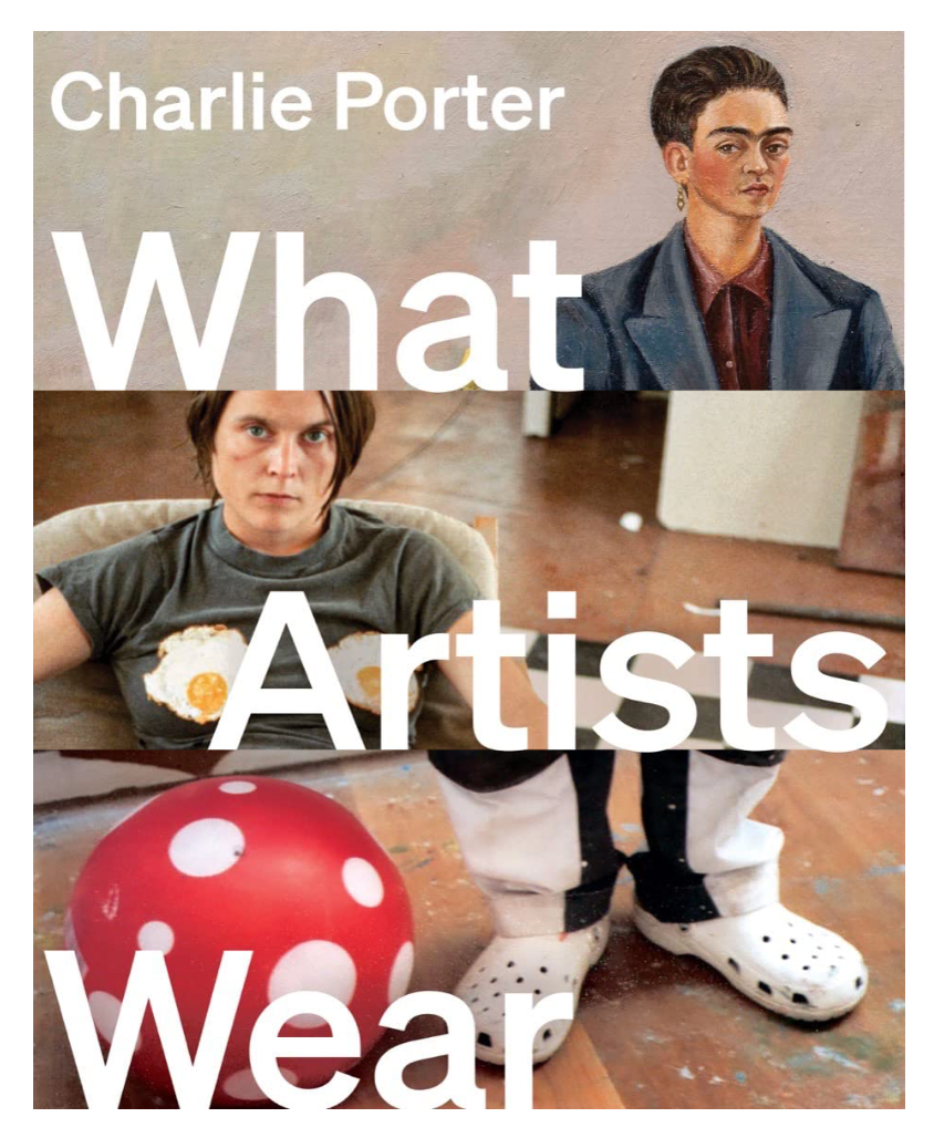 Book cover of 'What Artists Wear' by Charlie Porter featuring two people and a red mushroom-like object.