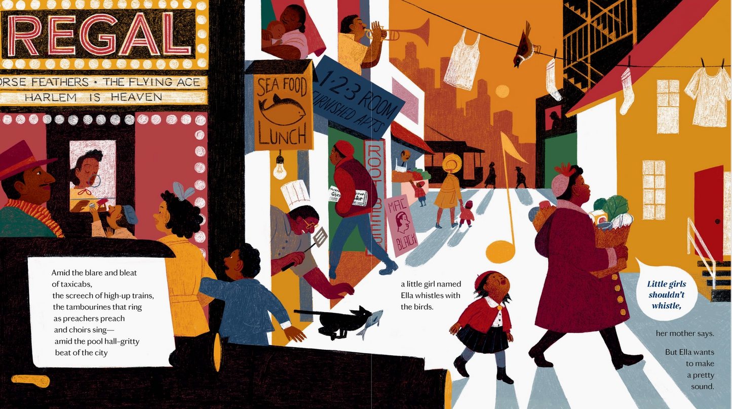 Illustration of a vibrant street scene with people and a Regal theater sign.
