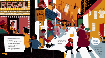 Illustration of a vibrant street scene with people and a Regal theater sign.