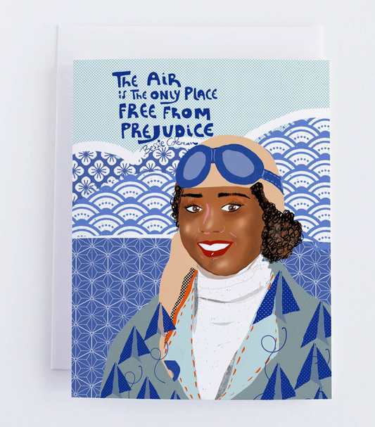Card with illustration of a woman in a vintage outfit and text about prejudice on a blue and white patterned background.