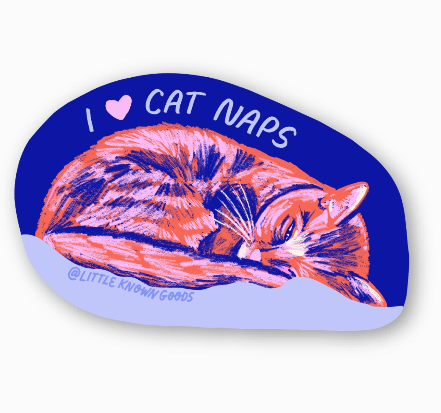 Sticker with a cat sleeping on a blue background and 'I ❤️ CAT NAPS' text.