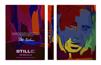 Small journal layout with an abstract image of Clyfford still, a signature and museum logo.