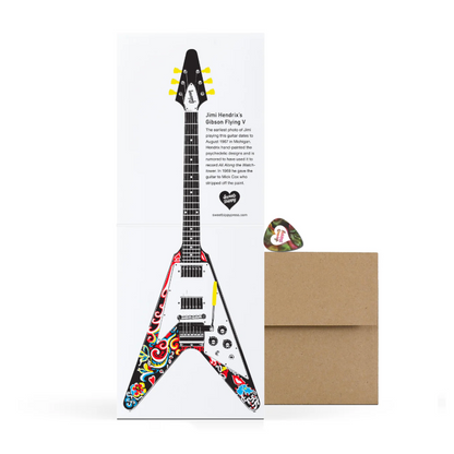 Gibson Flying V guitar greeting card with colorful design on a white background