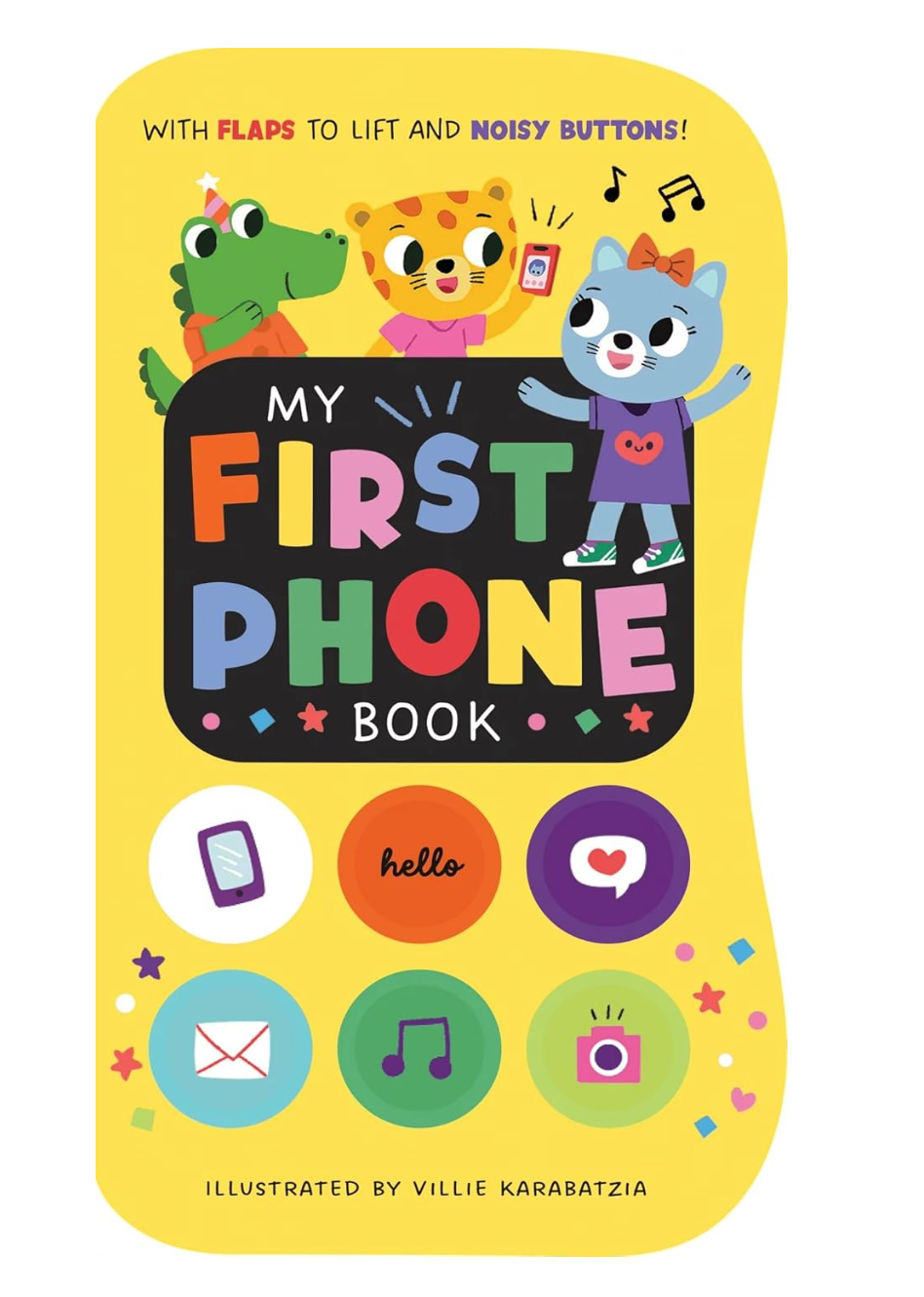 Children's book titled 'My First Phone Book' with colorful illustrations on a yellow background.