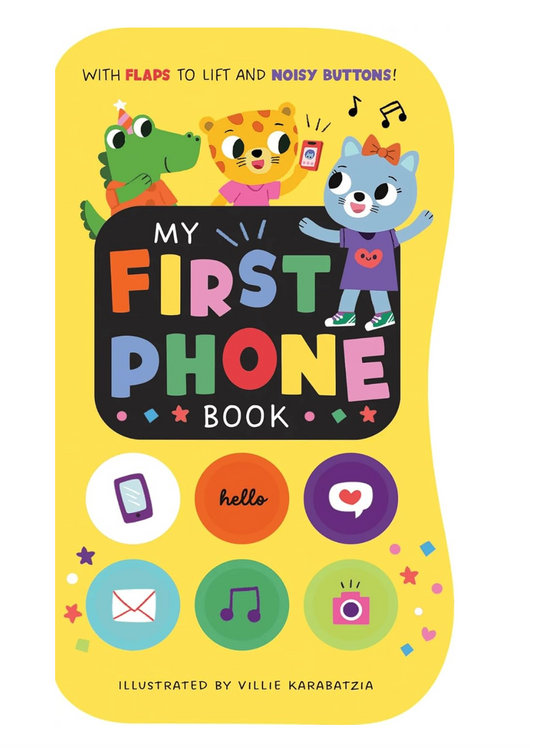 Children's book titled 'My First Phone Book' with colorful illustrations on a yellow background.