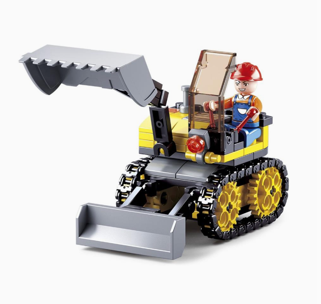 Toy bulldozer with a driver figure on a white background