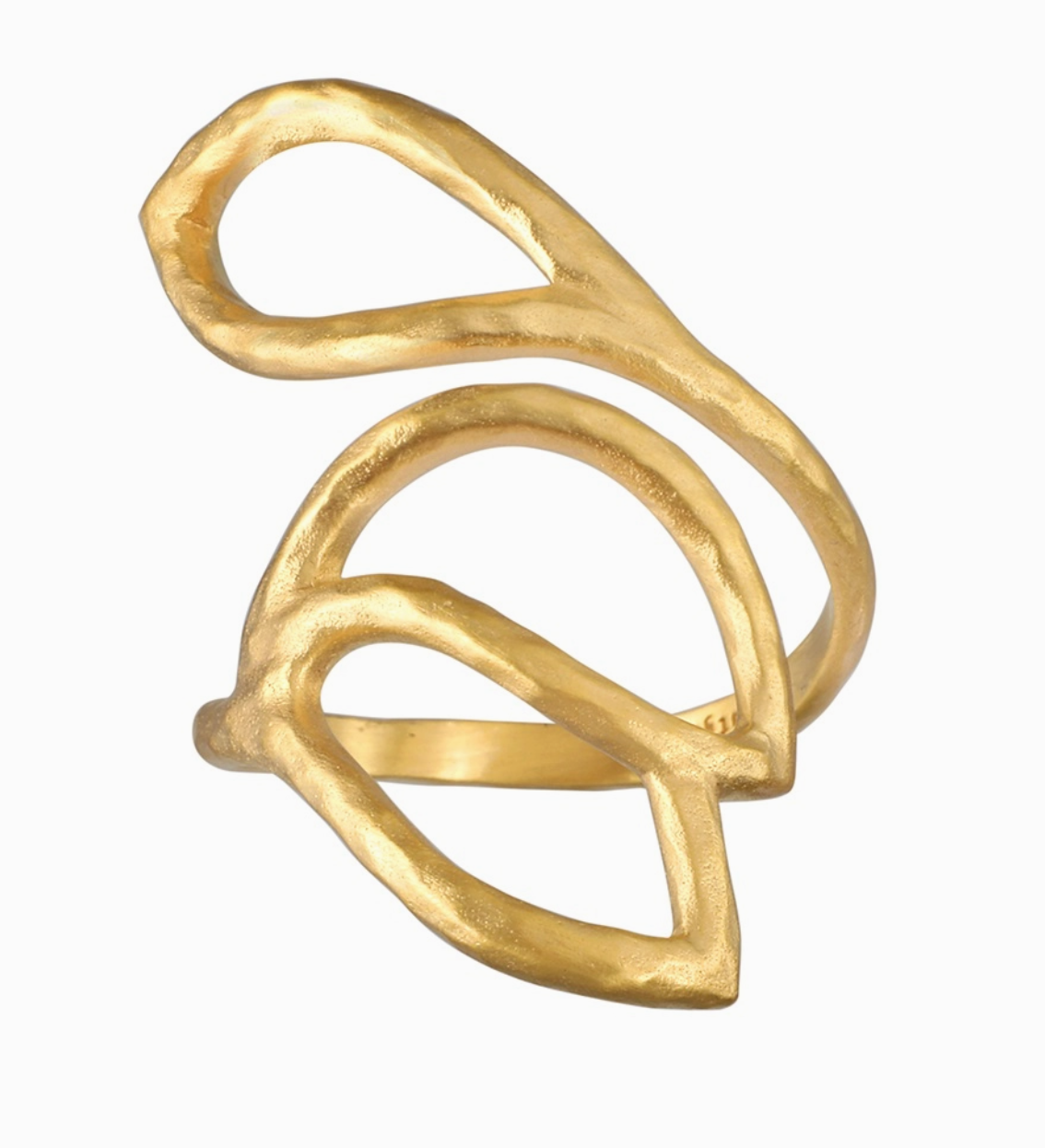 Gold ring with a leaf design on a white background