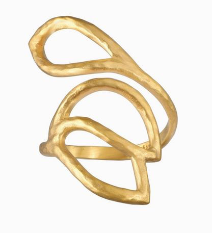 Gold ring with a leaf design on a white background