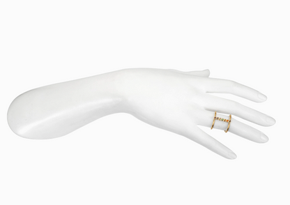 White mannequin hand wearing a gold ring on a white background