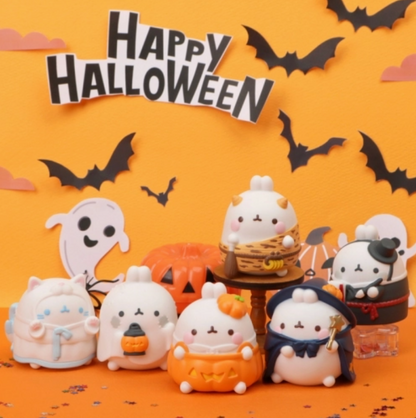 Halloween-themed special edition toys on an orange background with 'Happy Halloween' text and bats.