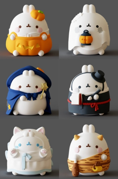 Set of six cute figurines in various costumes on a dark background