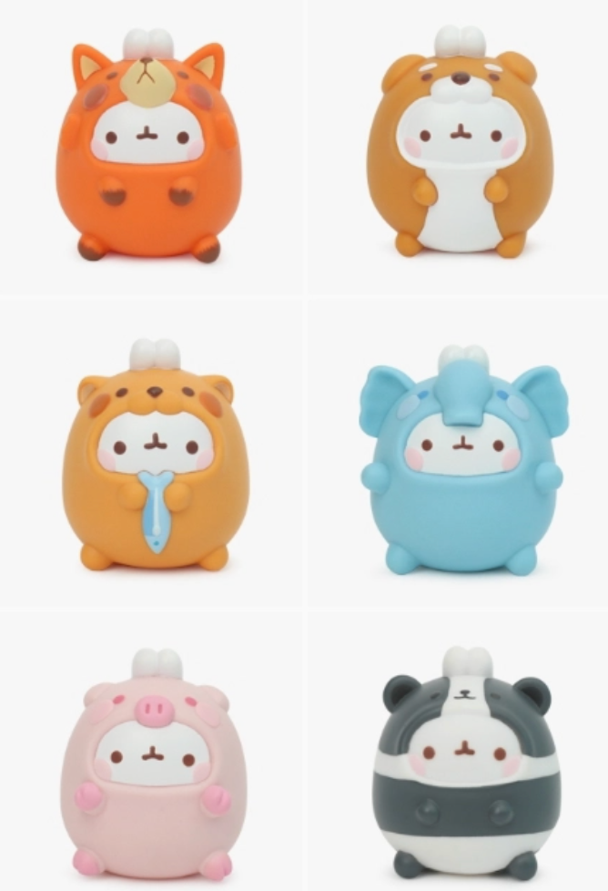 Set of six cute animal-themed figurines in various colors on a white background