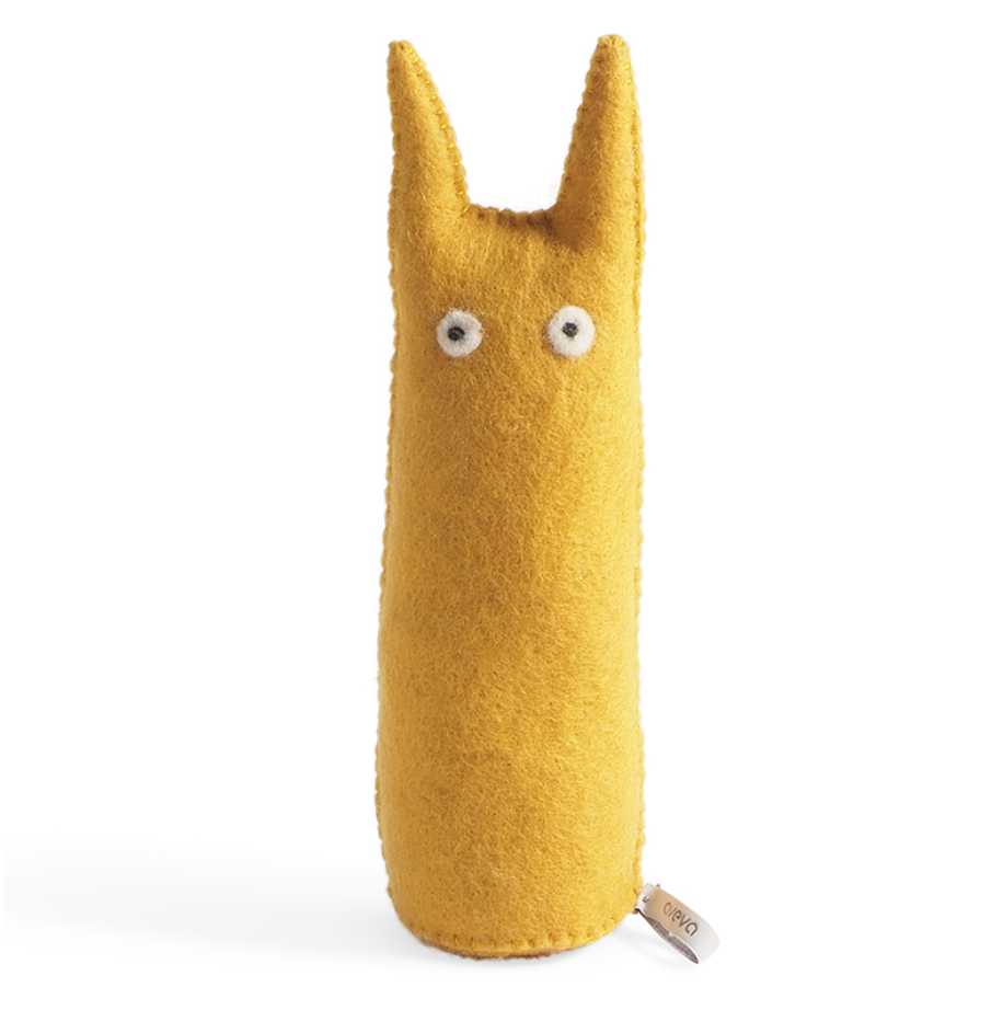 Yellow plush figure with a simple design on a white background.