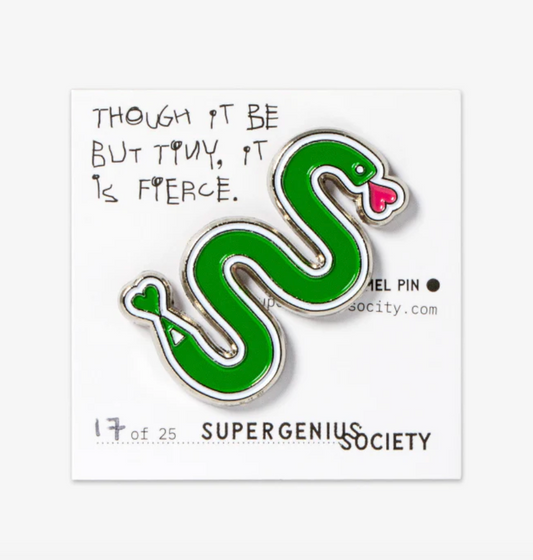 Green snake-shaped enamel pin with 'Supergenius Society' branding on a white card.
