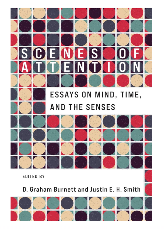 Book cover with geometric pattern and text 'Scenes of Attention' by D. Graham Burnett and Justin E. H. Smith