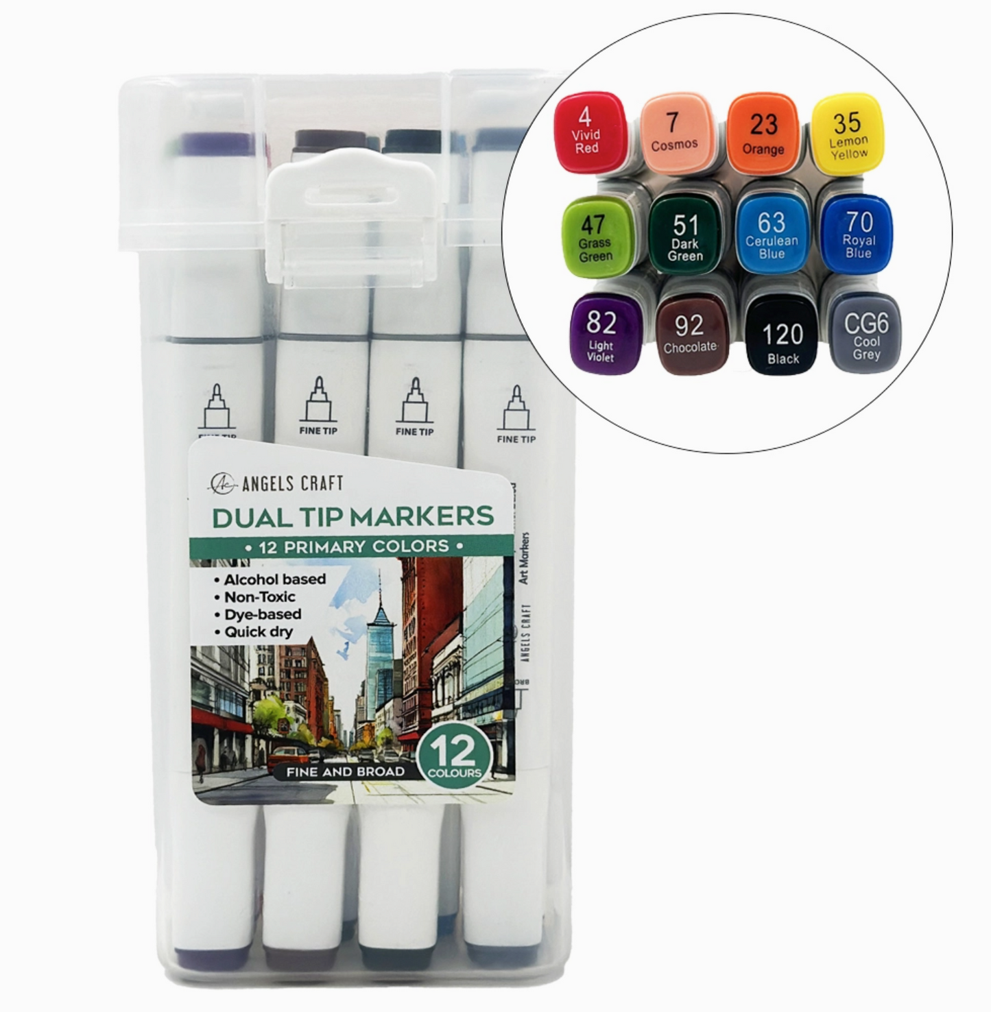 Pack of dual tip markers with primary color swatch on a white background