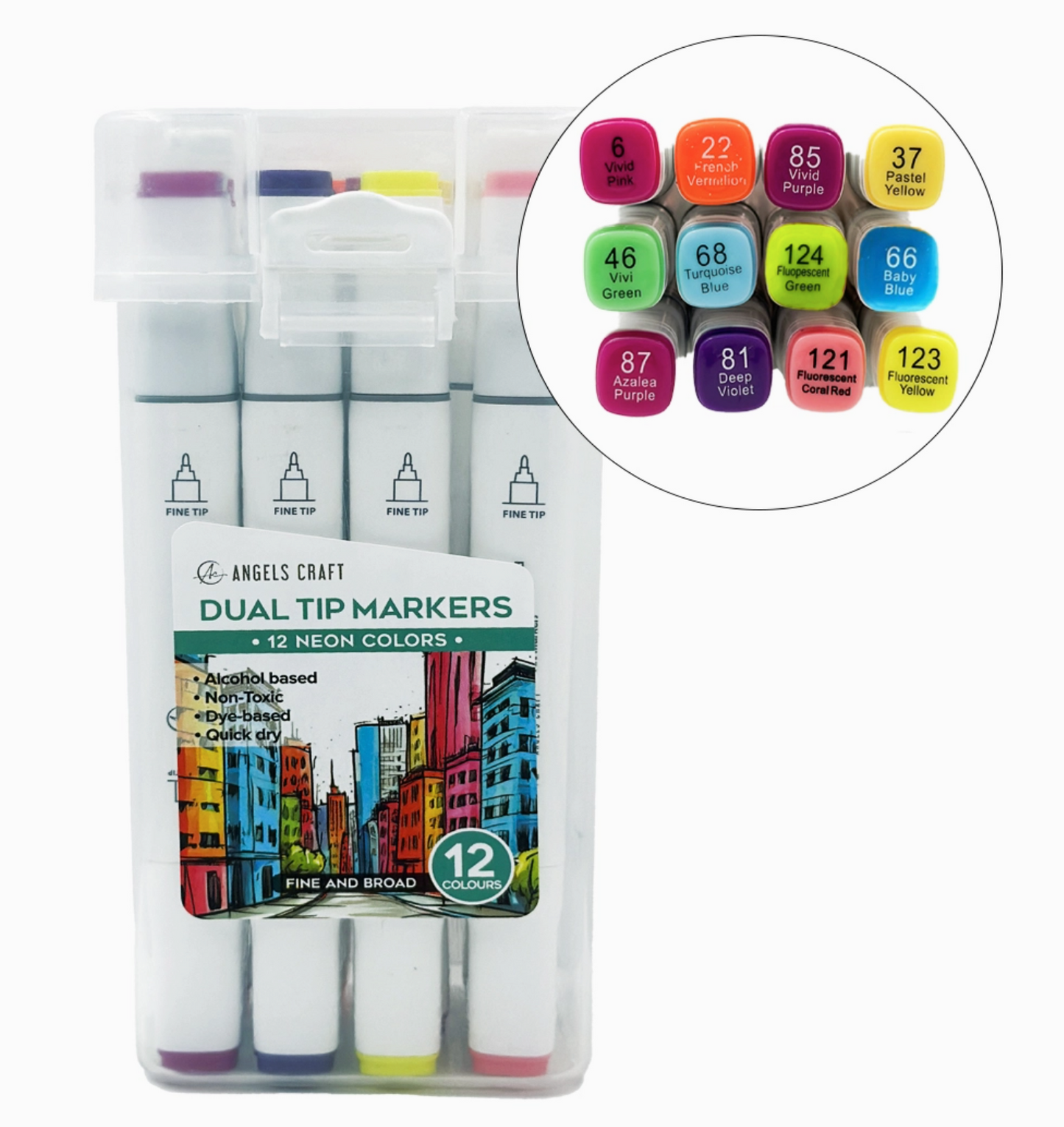 Pack of dual tip markers with neon color options on a white background