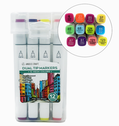 Pack of dual tip markers with neon color options on a white background