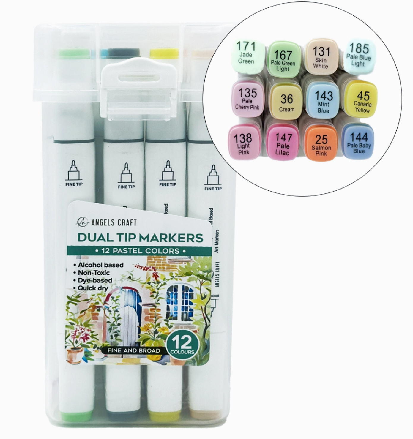 Packaging of Angels Craft dual tip markers with pastel color swatches on a white background