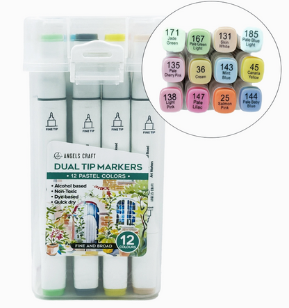Packaging of Angels Craft dual tip markers with pastel color swatches on a white background