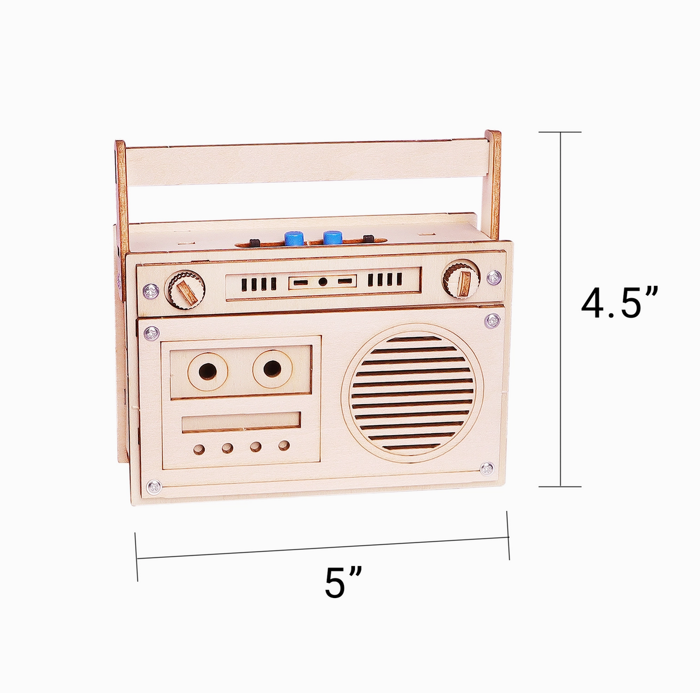 Wooden toy boombox with dimensions on a white background