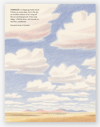 Illustration of cumulus clouds with a text about them on a blue sky background.