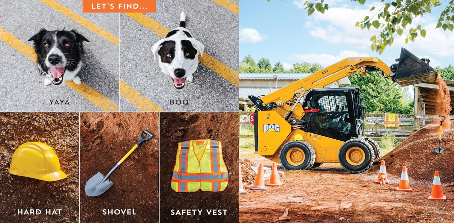 Collage of a dog, construction equipment, and safety gear with text overlay.
