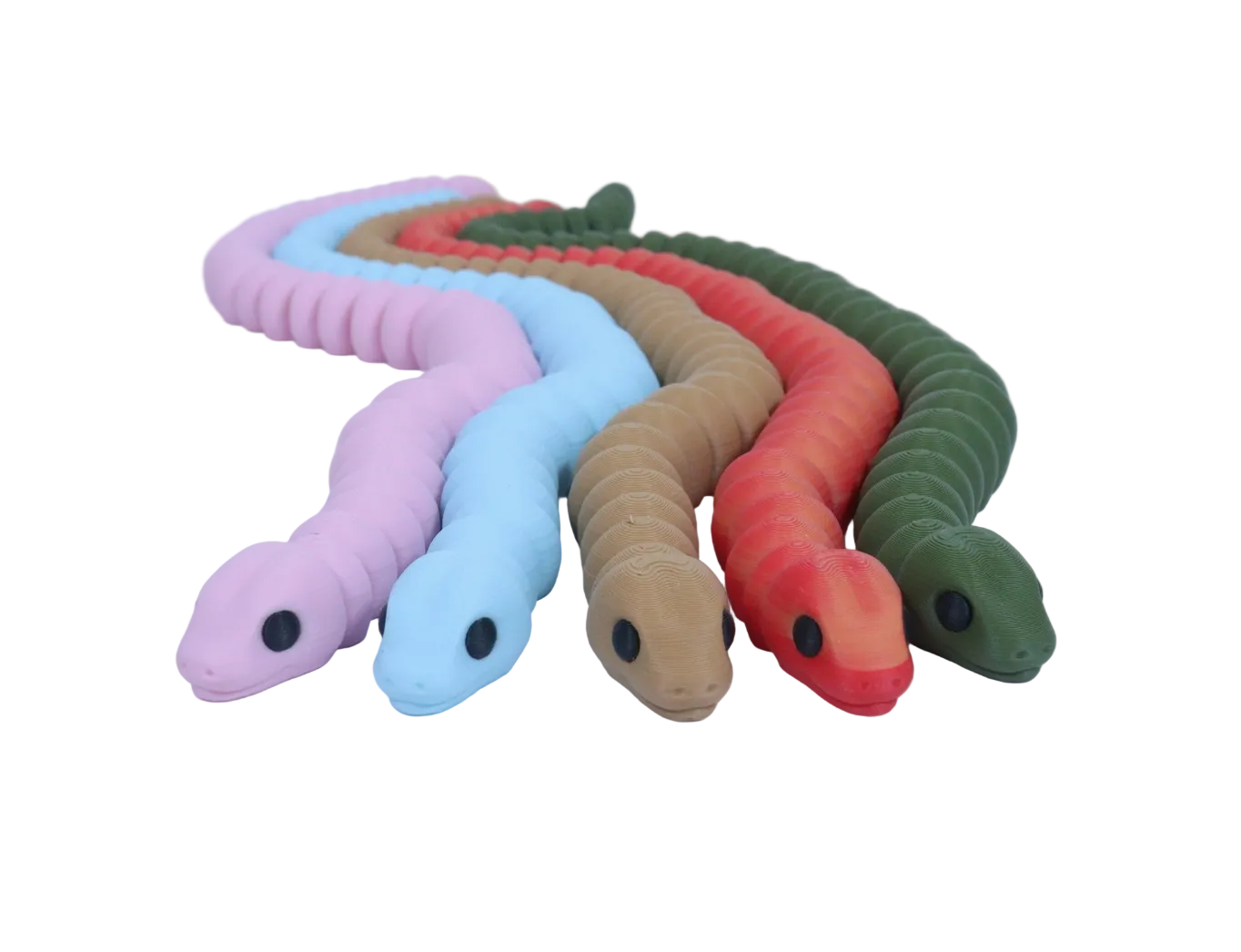 Set of colorful snake-shaped toys on a light gray background